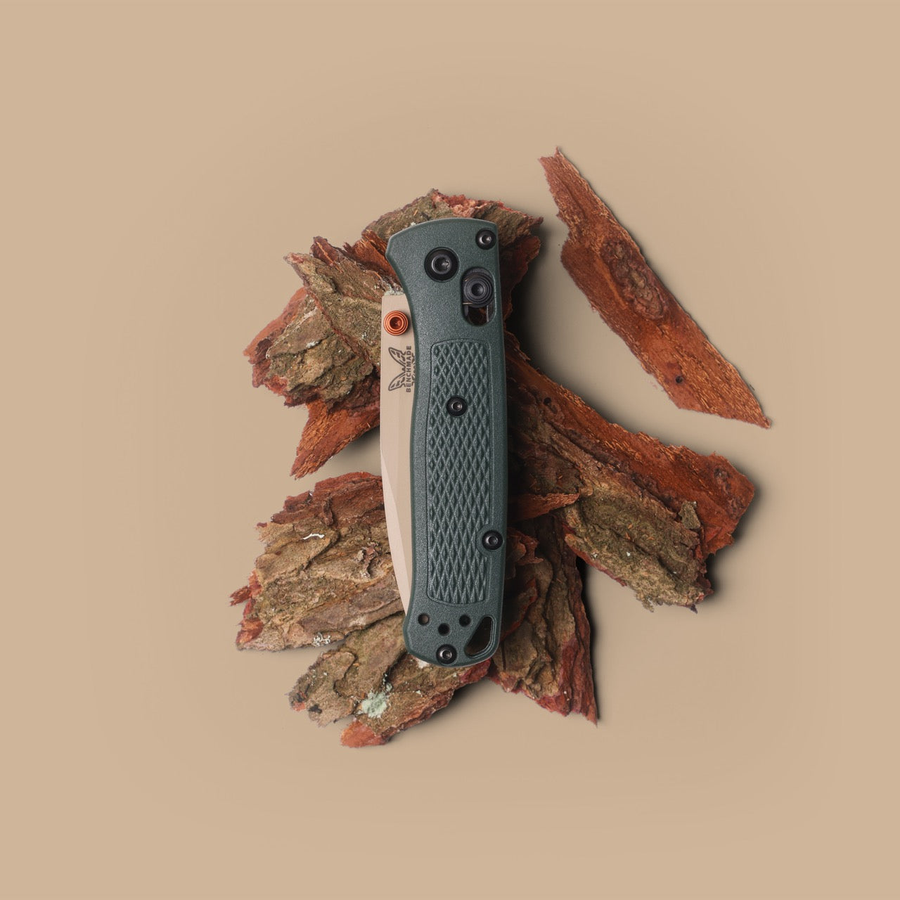 The Back Door: Benchmade Mini Bugout®, Taiga Green Grivory Handle, Tan ELMAX Blade, 2.82″, Made in USA (533TN-2601) (Return)