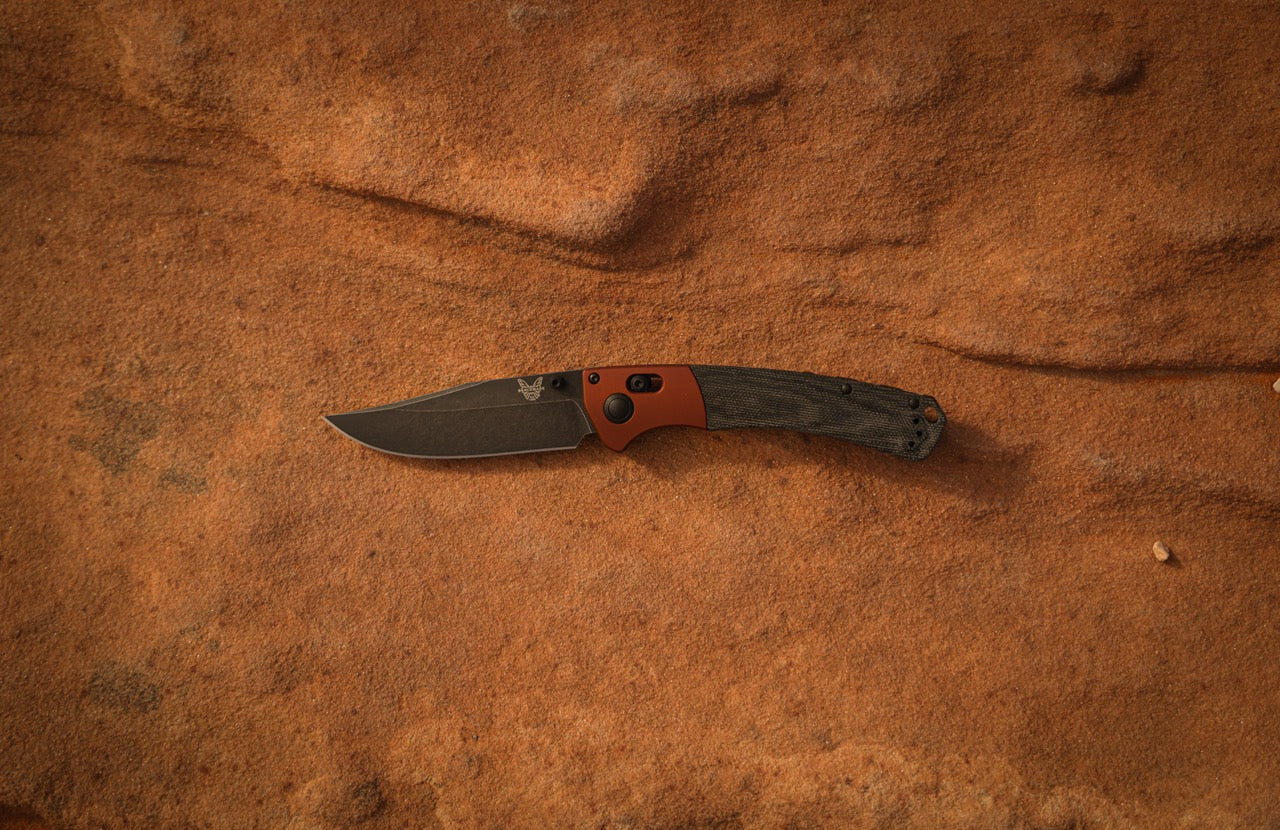 Benchmade Crooked River 4" Folding Knife – Burnt Copper and Black Canvas Micarta, MagnaCut DLC Battlewash – Made in USA (15080BK-04)