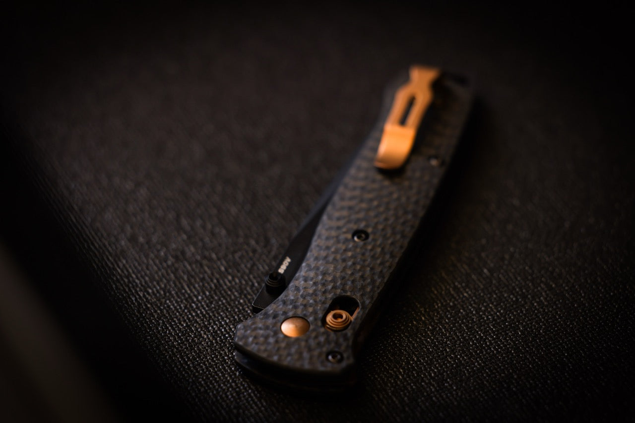 Benchmade Bailout 3.38" AXIS Lock – Carbon Fiber, CPM-S90V Black Cerakote Tanto, Dark Copper – Made in USA (537BK-10)