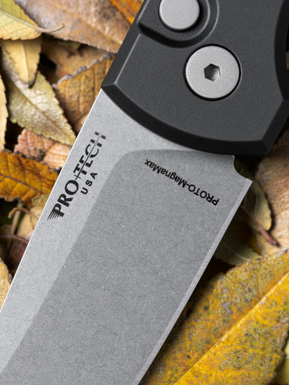 Pro-Tech Scapegoat Compact Automatic Knife – Black Aluminum Handle, Stonewash MagnaMax Blade – Made in USA (RCS1101)