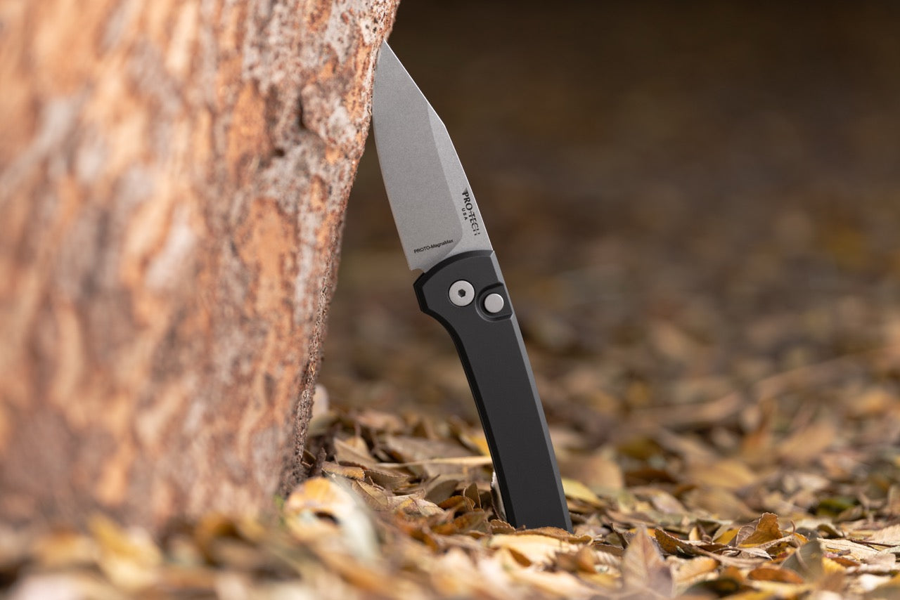 Pro-Tech Scapegoat Compact Automatic Knife – Black Aluminum Handle, Stonewash MagnaMax Blade – Made in USA (RCS1101)