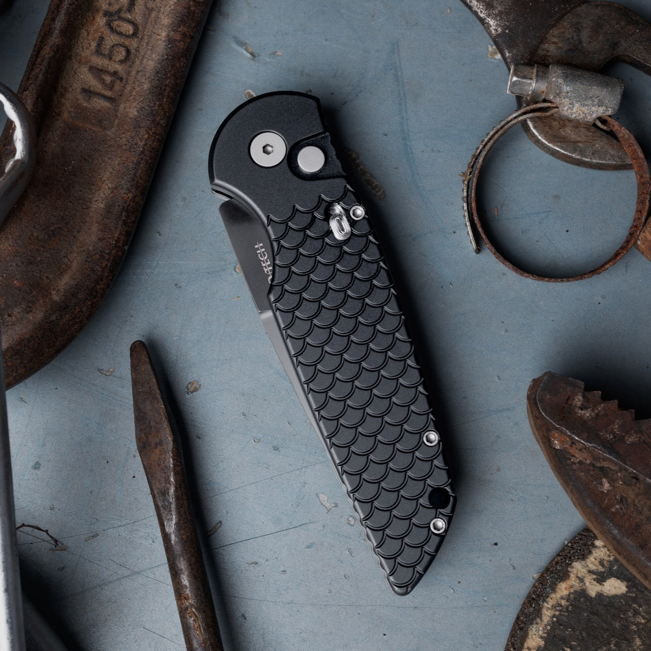 Pro-Tech TR-3 X1 Military Issue Black Fish Scale, 3.5 inch Black Clip Point Auto, Made in USA