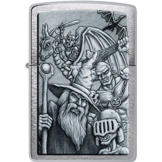 Zippo Mystical Beings Lighter – Brushed Chrome, Fantasy Engraved Design – (ZO26915)