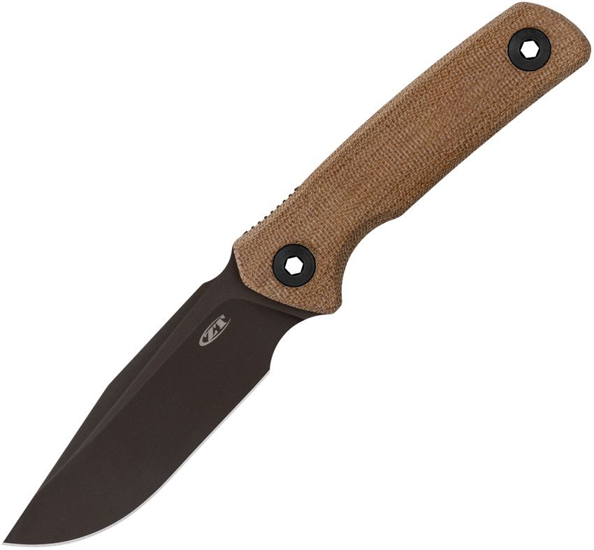 ZT0004 Fixed Blade Knife – Brown Canvas Micarta Handle, 4.25″ Black Cerakote CPM CruWear Clip Point Blade (ZT0004)