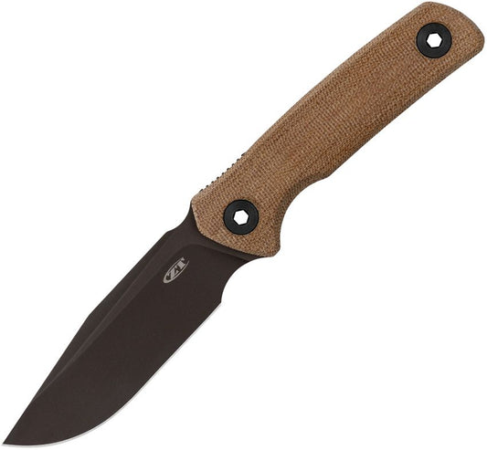 ZT0004 Fixed Blade Knife – Brown Canvas Micarta Handle, 4.25″ Black Cerakote CPM CruWear Clip Point Blade (ZT0004)