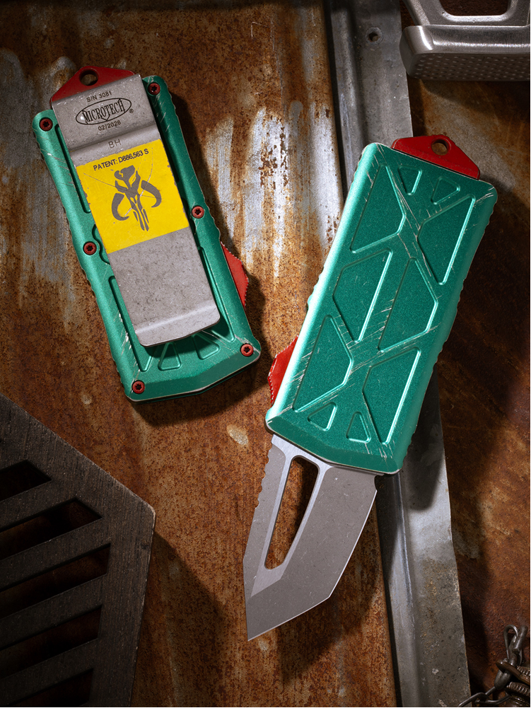 Microtech Exocet Bounty Hunter Knife - 1.98″ Double Edge, Apocalyptic Finish, Green and Red Distressed Handle - California Legal - Made in USA (158-10BH)