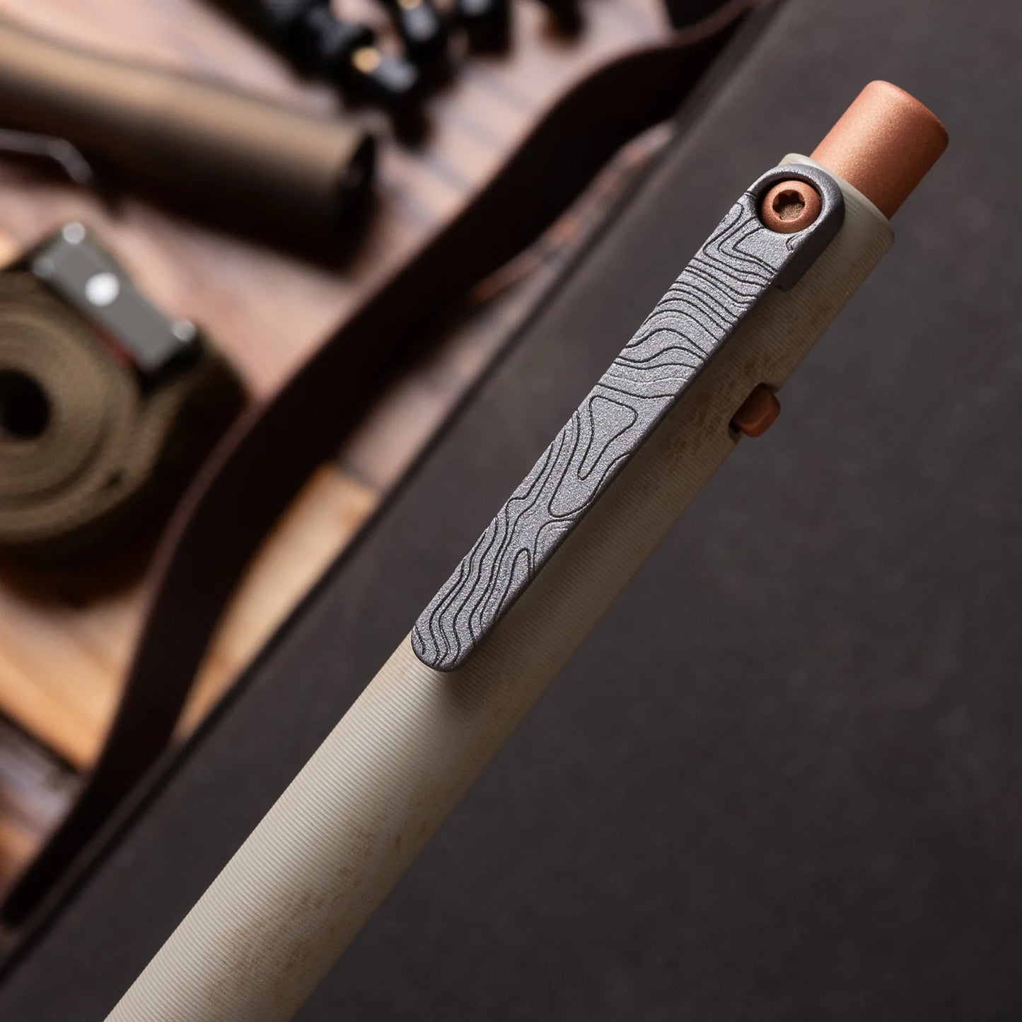 Tactile Turn Off Grid Side Click Pen – Short 5.1", Titanium, Sand Cerakote, Copper Accents – Seasonal Release – Made in USA