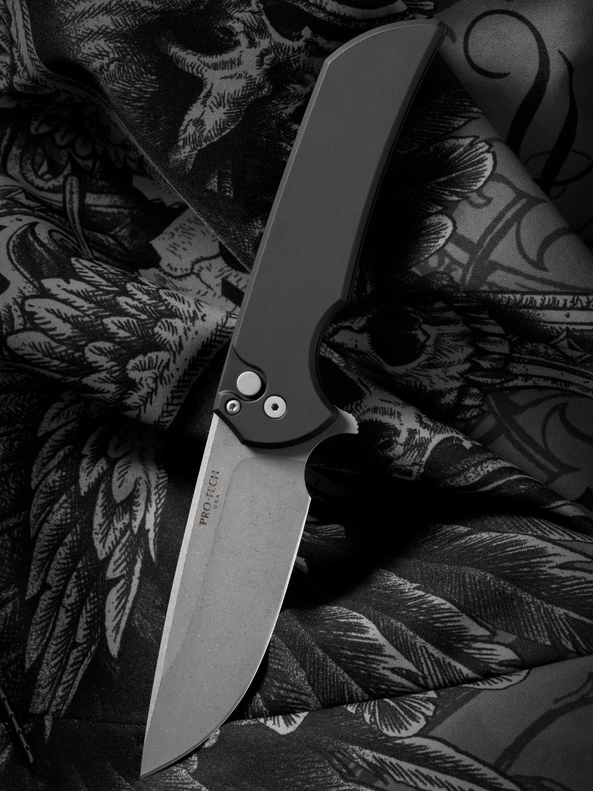 Pro-Tech Mordax Knife – Black Aluminum Handle, Acid Wash 20CV Blade, 3.6″ Drop Point, Made in USA (MX101-AW 20CV)