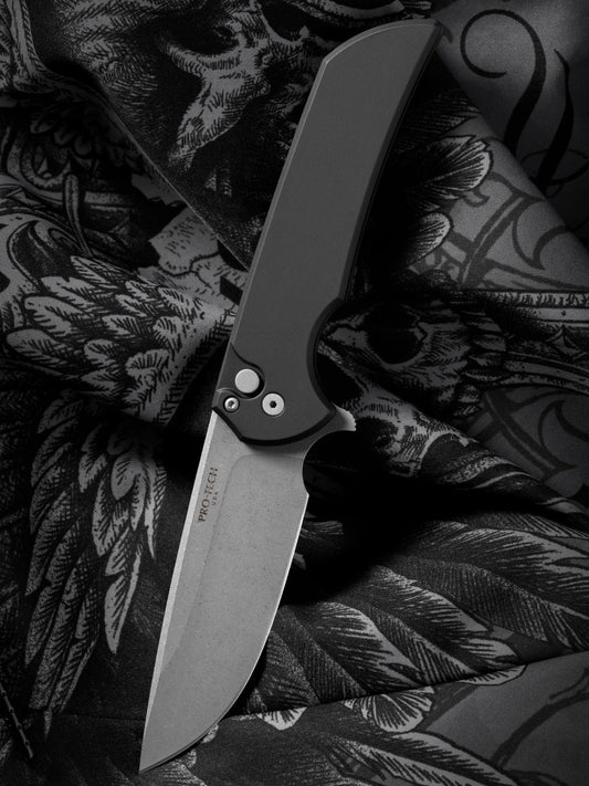 Pro-Tech Mordax Knife – Black Aluminum Handle, Acid Wash 20CV Blade, 3.6″ Drop Point, Made in USA (MX101-AW 20CV)